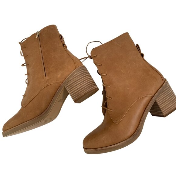 Rare UGG Womens Oriana Size 12 Tan Leather Lace-Up Zip Ankle Boots Stacked Heel - Picture 4 of 16